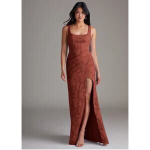 Azazie Mero Terracotta Sheath Pleated Floral Burnout Bridesmaid Formal Dress NWT